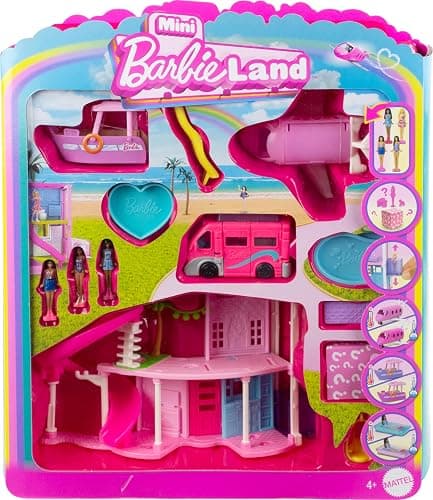 Barbie Mini BarbieLand DreamHouse & 3-Vehicle Playset with 4 1.5-Inch Dolls, Doll House Furniture & Accessories, Includes DreamCamper, Toy Boat & Plane - Image 1
