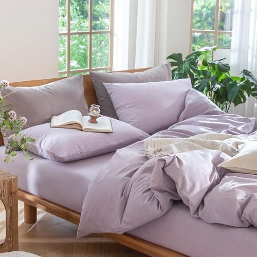 MooMee Bedding Duvet Cover Set 100% Washed Cotton Linen Like Textured Breathable Durable Soft Comfy (Heathered Light Purple, Twin 68"x90") thumbnail 8