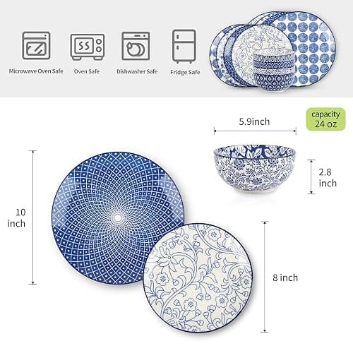 Selamica Ceramic Dinnerware Sets, 12-Pieces Plates and Bowls Sets, Scratch Resistant Dishes set for 4, Dishwasher & Microwave Safe,Vintage Blue - Vintage Blue - 12 Pieces thumbnail 3