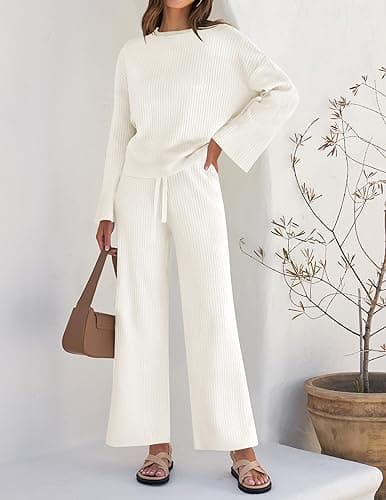 ZESICA Women's 2 Piece Outfits Set 2025 Casual Long Sleeve Knit Pullover Top and Wide Leg Pants Sweatsuit Lounge Sets - Small - Cream thumbnail 6
