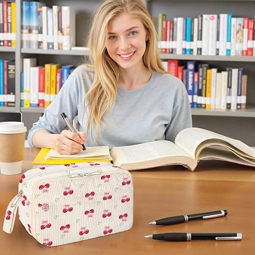 WOBAGMEN Cute Pencil Case for Girls,Large Corduroy Zippered Pencil Case Pouch, Aesthetic Pencil Bag with Compartments, Soft Pencil Pouch School Supplies for Teen Girls Boys and Women(Cherry) thumbnail 8