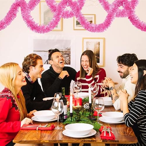 50 Feet Christmas Foil Fringe Garland Metallic Tassle Banner Wall Hanging Tinsel Streamers Backdrop for Parade Floats, Thanksgiving, Birthday, Halloween Party Decorations(2" x 50', Pink) thumbnail 2