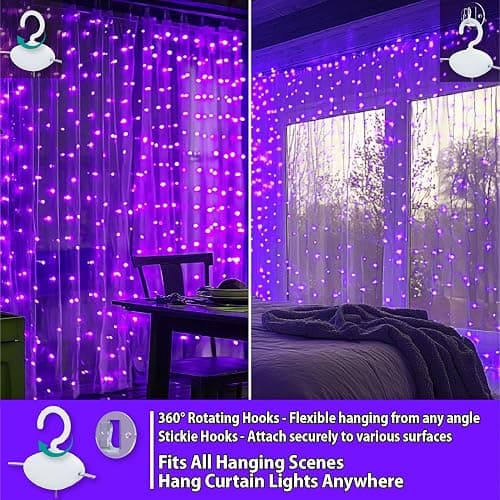 HXWEIYE 300LED Fairy Curtain Lights, 9.8x9.8Ft USB Plug-in 8 Modes Christmas String Hanging Lights with Remote for Bedroom Backdrop Wedding Indoor Wall Decor, Purple, Standard – 1 Pack thumbnail 3