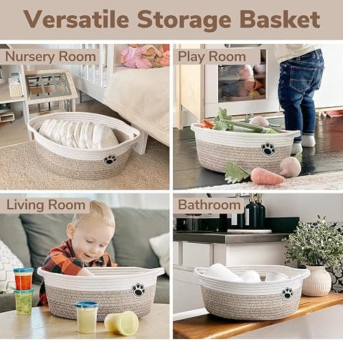 HiChen Dog Toy Basket Small Gift Basket for Baby, 12"x 8" x 5" inches Woven Storage Baskets for Dog Cat, Nursery Storage Baskets for Diapers, Towels, Mixed-Brown thumbnail 5