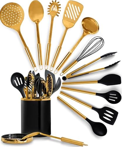 STYLED SETTINGS Black and Gold Cooking Utensils Set - 13-Piece Kitchen Set with Black Ceramic Utensil Holder and Stackable Gold Spoon Rest - Luxury Kitchen Accessories for Stylish Cooking and Serving - Image 1