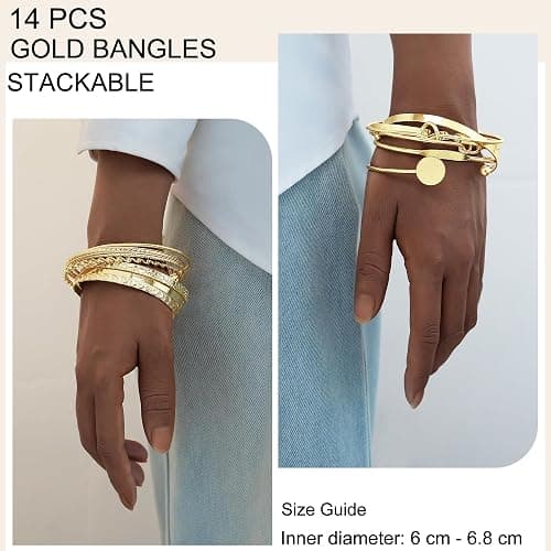 FAXHION Gold Bangle Bracelets for Women, 14 Pcs Multi Layer Stackable Bangle Set, 14K Gold Plated Textured Chunky Bracelets Boho Jewelrys Set thumbnail 7
