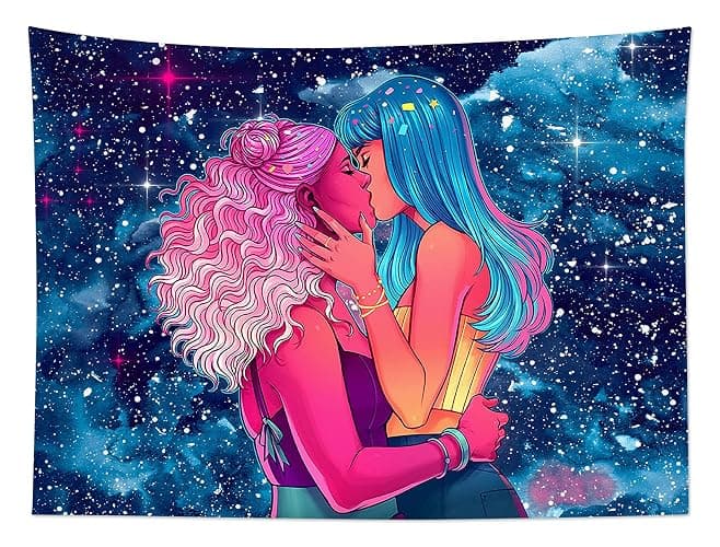 HVEST Lesbian Tapestry LGBT Girl Pride Love Rainbow Tapestries Wall Hanging Pretty Two Girls Kissing Tapestry Art Blanket for Living Room Bedroom Teen Dorm,80x60 Inches - Image 1