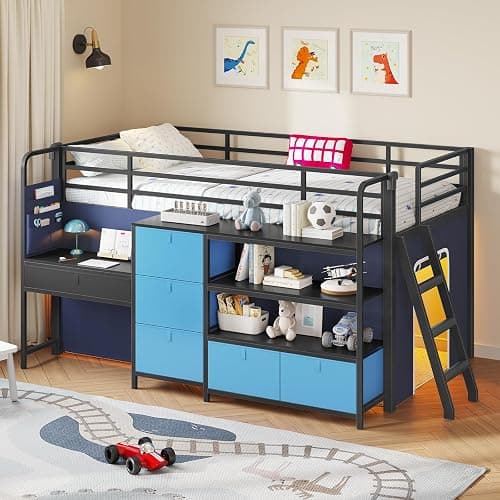 Twin Low Loft Bed for Kids with Built-in Desk, 6 Storage Drawers, Open Bookshelf, Under-Bed Play Tent with LED Lights, Metal Twin Size Loft Beds with Safety Guardrail & Inclined Ladder, Blue and Black - Image 1