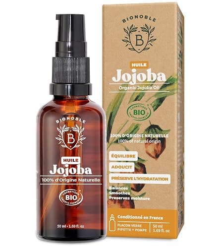 BIONOBLE Huile de Jojoba Bio Pressée à Froid 100% Pure - Équilibre le Sébum, Adoucit, Anti-Acné - Huile Jojoba Cheveux, Visage et Corps - Vegan Oil - Flacon Verre avec Pompe et Pipette - 50ml - Image 1