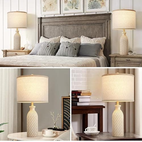 Ceramic Table Lamps Set of 2, Farmhouse 24.8" Bedside Lamps with 3-Color Temperature, Modern Nightstand Lamp Desk Reading Lamp with Fabric Drum Shade for Bedroom, Living Room, Office, 2 Bulbs Included thumbnail 6