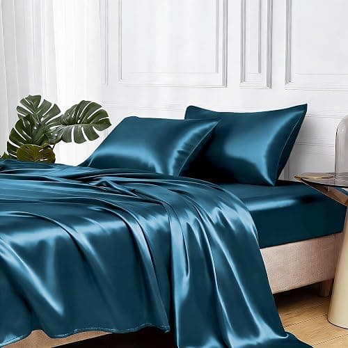 MR&HM Satin Bed Sheets, Queen Size Sheets Set, 4 Pcs Silky Bedding Set with 15 Inches Deep Pocket for Mattress (Queen, Teal) - Image 1