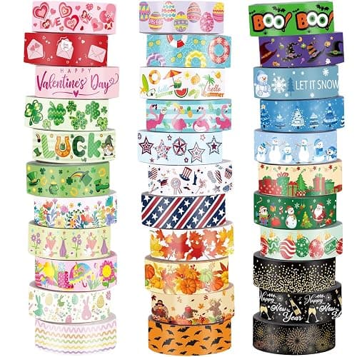 TaoBary 33 Rolls Holiday Plaid Washi Tape, 15 mm Seasonal Washi Tape Set Bohemian Colorful Vintage Cute for Card Wrapping Craft(Festive Style) - Image 1