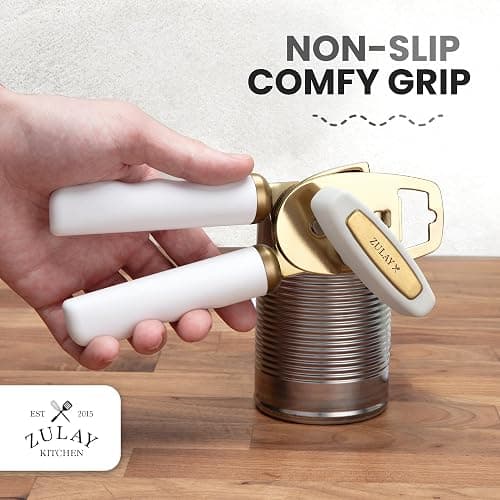 Zulay Kitchen Heavy Duty Stainless Steel Can Opener Manual with Bottle Opener - Rust Proof Manual Can Opener With Turn Knob & Comfy Soft Grip Handles - White & Gold thumbnail 5