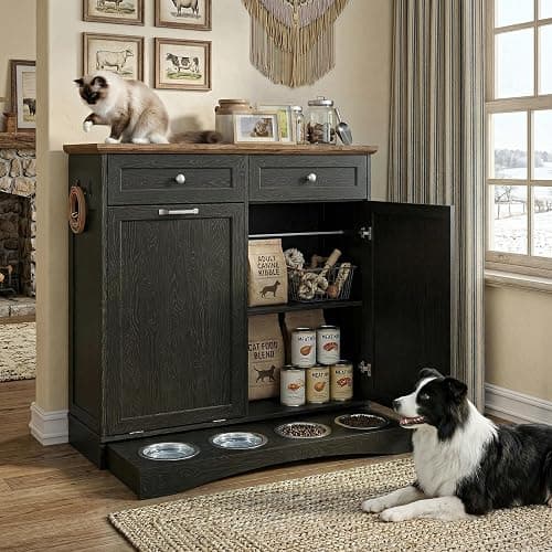 Furnaza Dog Food Storage Cabinet for Dogs & Cats,Pet Feeding Station with 4 Bowls, Tilt-Out Dog Feeding Station, Pet Storage for Kitchen, Living Room thumbnail 4
