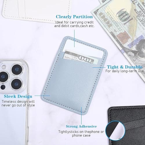 ElevateTech Phone Wallet Stick On, Leather Phone Card Holder for Phones Case Adhesive Stretchy Credit Card Pocket for Back of Phones Stick on Cards Holder with Most Cell Phones(White, Blue, Black) thumbnail 4