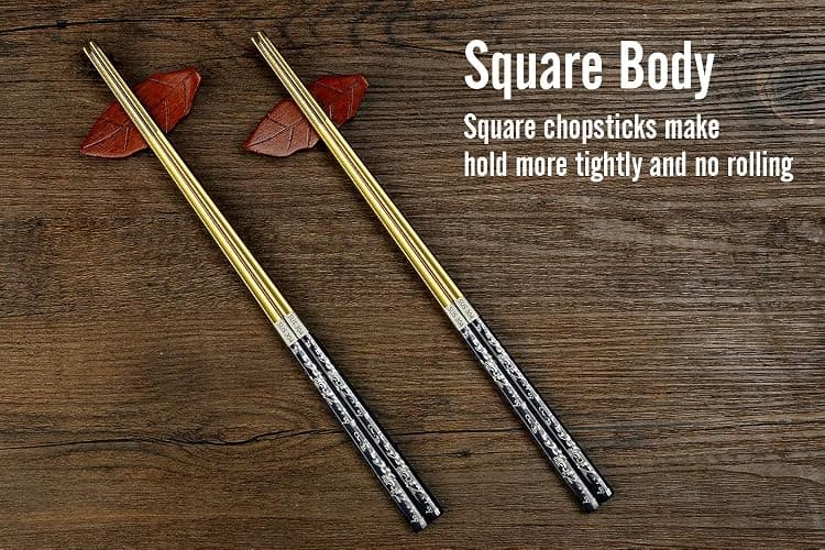 Chopsticks Reusable Titanium Plated Metal Chopsticks 304 Stainless Steel Chopstick Dishwasher safe Japanese Korean lightweight Engraved Anti-slip Chop sticks for Eating 2 Pairs Gift Set Black Gold thumbnail 7