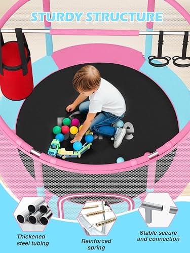 BLUERISE 55IN 6FT Toddler Trampoline for Kids Indoor Outdoor Play for Kids Trampoline Basketball Hoop Attachment with Enclosure Net Easy to Assemble thumbnail 4