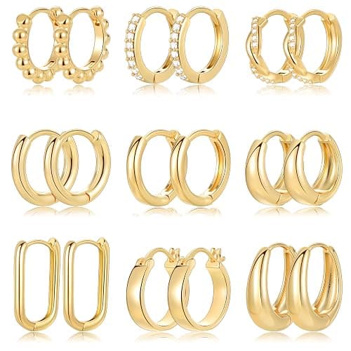 9 Pairs Small Gold/Silver Hoop Huggie Earrings Set for Women, 14K Gold Plated Chunky Hoop Small Earring Hypoallergenic Thick Open Lightweight Chunky Hoop Earrings Jewelry for Gifts - Image 1