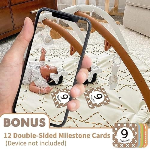 Baby Play Mat, Macrame Activity Gym Stage-Based Sensory and Motor Skill Development Language Discovery Baby Play Gym and Playmats for Newborn with 6 Featured Toys Thicker and Non Slip Mat - Macrame thumbnail 5