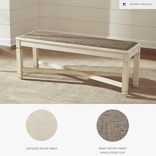 Signature Design by Ashley Bolanburg Casual French Country Upholstered Dining Room Bench with Nailhead Trim, Heavy Woven Fabric, Wood, Antique White & Tan thumbnail 4