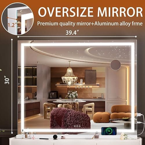 Hasipu Vanity Mirror with Lights, 39.4" x 28.7" LED Makeup Mirror, Lighted Makeup Mirror with Dimmable 3 Modes - Image 1