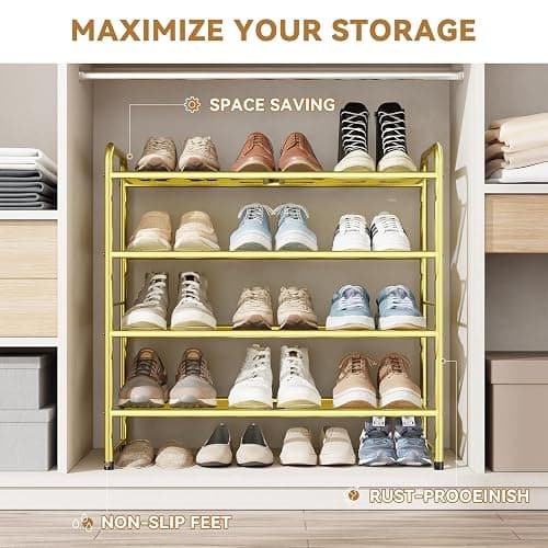 MWQ Modern Shoe Rack, 4 Tier Heavy Duty Metal Mesh Shoe Shelf 27 Inch Wide, Gold thumbnail 4