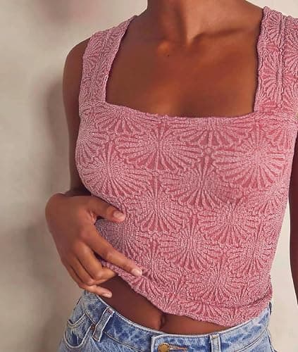 Women's Square Neck Wide Strap Crop Tank Tops Flower Going Out Tops Slim Fit Lettuce Trim Crop Cami Tops thumbnail 4