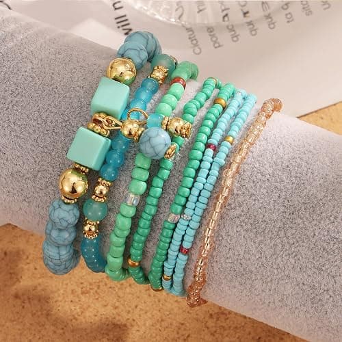 IFKM 8PCS Beaded Bracelets for Women, Multilayered Stackable Strand Stretch Bead Bracelet Pack Handmade Trendy Bohemian Charm Jewelry thumbnail 7