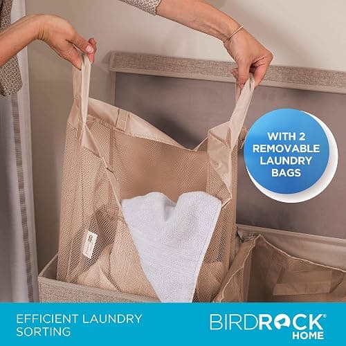 BirdRock Home Double Laundry Hamper with Lid and Removable Liners | Linen | Easily Transport Laundry | Foldable Hamper | Cut Out Handles thumbnail 5