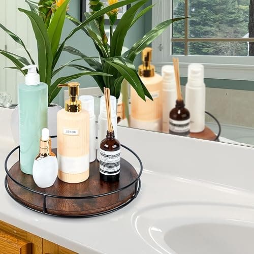 12 Inch Wood Lazy Susan, Rustic Brown Turntable Organizer with Steel Frame, 360 Degree Decorative Turntable for Countertop or Centerpieces thumbnail 7