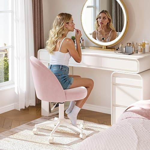EnHomee Desk Chair with 13" Back Lumbar Support & 20" Wide Seat | Velvet, Rolling Task Chair for Makeup Vanity, Home Office & Young Teen Bedroom, Light Pink thumbnail 4