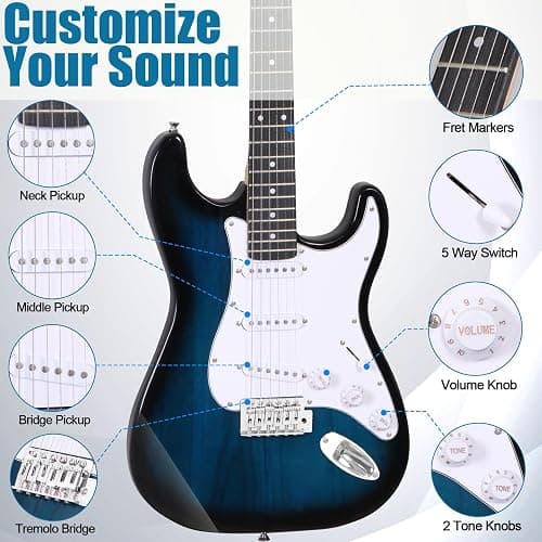 ZENY 39" Full Size Electric Guitar with Amp, Case and Accessories Pack Beginner Starter Package, Blue Ideal Christmas Thanksgiving Holiday Gift thumbnail 8