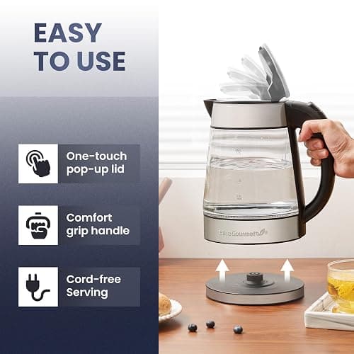 Elite Gourmet EKT-602 BPA-Free Electric Glass Kettle, Cordless 360° Base | Stylish Blue LED Interior, Auto Shut-Off Function, Quickly Boil Water for Tea & More thumbnail 5