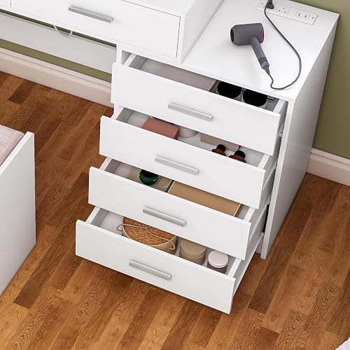 Quimoo 48" Large Vanity Desk with Mirror & Lights, Makeup Vanity Table with 6 Drawers & Power Outlet, 6 Open Storage Shelves, Vanity Desk Set with Stool, for Women Girls, White thumbnail 5