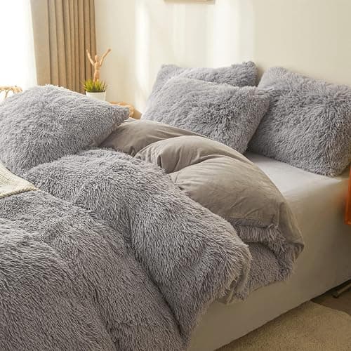 FOPPA Plush Comforter Cover Set Queen - Ultra Soft Fuzzy Gray Bedding 3 Pieces (Faux Fur Duvet Cover + 2 Shaggy Pillow Cases) Fluffy Bed Set thumbnail 4