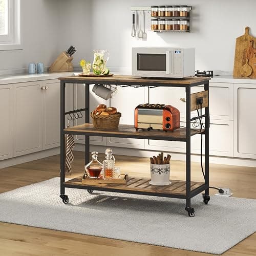 Yaheetech Kitchen Island Cart with Power Outlet, Kitchen Carts on Wheels with Storage, 3-Tier Microwave Stand with Foodpads, Glass and Mug Holders, 8 Hooks, Rustic Brown thumbnail 9