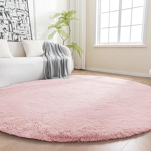 Amazon Basics Fluffy Washable Round Area Rug, Circle Shaggy Carpet for Living Room, Bedroom, Nursery, 5'R, Pink - Image 1