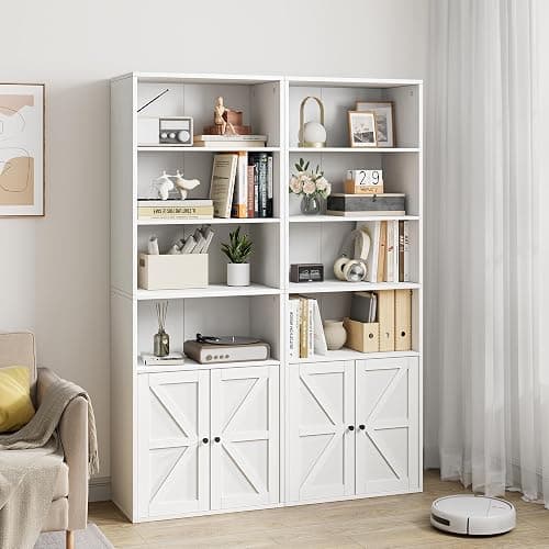 IDEALHOUSE Bookcase with Doors Industrial Bookshelf 11.8in Depth Display Storage Shelves 71.4in Tall Farmhouse Bookcases Wooden 6 Shelf Bookshelvels for Bedroom, Living Room, Home Office (White) - White thumbnail 10