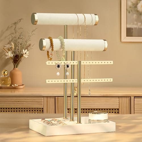 3 Tier Bracelet Holder Display - Detachable T Bar Beige Velvet Bracelet Holder, Jewelry Holder Organizer for Bracelet, Necklace, Earrings, Rings thumbnail 3