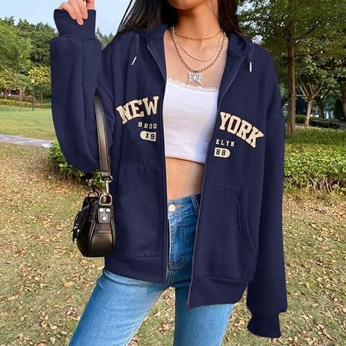 Pairxily New York Graphic Zip Up Hoodies for Women Full Zip Hoodie Letter Jackets College Zipper Sweatshirts with Pockets thumbnail 3