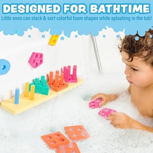 Tub Works® Splash, Stack & Sort™ Shape Sorter & Stacking Toddler Bath Toy | 20 Foam Pieces | Color Sorting & Shape Stacking Kids Bath Toys | Floats & Sticks to Tub Walls | Early Learning Bathtub Toys thumbnail 2