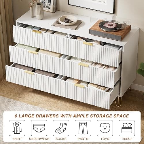 Furniway White Dresser for Bedroom with Gold Metal Handles, 47.2" Wide Modern Chest of Drawers Storage Organizer for Living Room, Closet, Hallway thumbnail 4