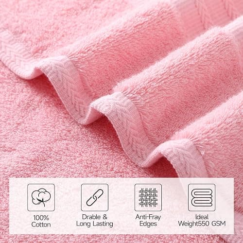 REDKISS Pink Towel Set of 8-100% Cotton Luxury Bath Towels Set for Bathroom, 600 GSM Highly Absorbent Bathroom Towel with 2 Large Bath Sheet, 2 Hand, 4 Washcloths, Pink Shower Towels for Dorm thumbnail 7