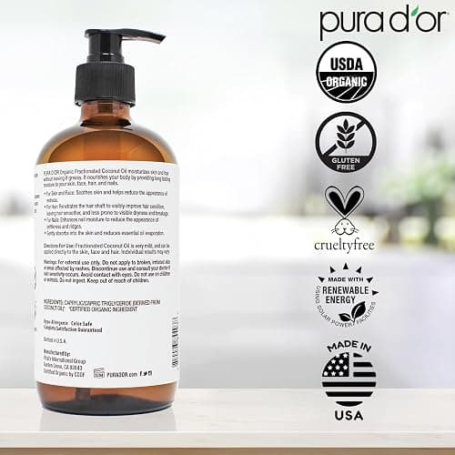 PURA D'OR 16.9 Oz ORGANIC Fractionated Coconut Oil (GLASS BOTTLE) USDA Certified MCT Oil – Therapeutic, Lightweight Moisturizer – Hexane Free Carrier Oil For Essential Oils, Massage – Face, Hair, Body thumbnail 7