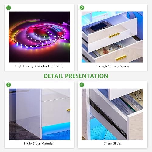 HNEBC Auto LED Nightstand with Wireless Charging Station & USB Ports,High Gloss Bedside Tables with 2 Drawers,Floating Nightstand with 3 Color & Adjustable Brightness for Bedroom,White thumbnail 8