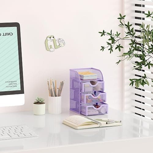 EasyPAG Mesh Desk Organizer with 3 Drawer Office Desktop Organizers and Accessories Stationery Caddy for Office, Home, Students, Purple thumbnail 7