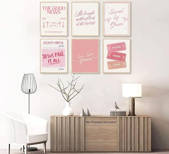 6pcs Pink Christian Bible Wall Art Religious Preppy Painting Picture Wall Decor Pink Christian Encouragement Poster Print Artwork for Bedroom Living Room Office Dorm Room Decoration Unframed thumbnail 3