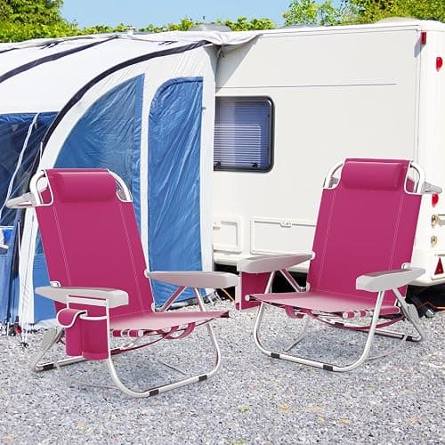 Giantex Beach Chair, Foldable Backpack Chair with 5 Adjustable Position, Cup Holder, Storage Pockets, Straps, Towel Rack, Pillow, 330lbs Aluminum Lay Flat Chairs for Outdoor Camping, Pink thumbnail 9