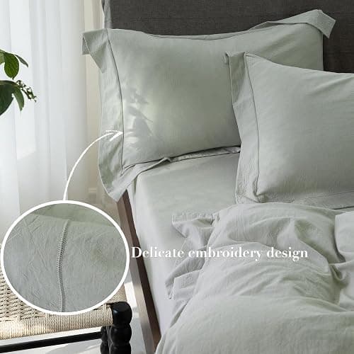 ELIMMO Cooling Twin Duvet Cover Set-100% Washed Cotton with Chic Wide Trim Design Linen Like Textured Ultra Soft Cozy Bedding with Zipper Closure(Hemmed Sage Green,Twin/Twin XL 68"x90") thumbnail 5