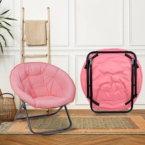 GREZJXC Saucer Chair for Adults,Kids, Round Chair Folding Chiar for Bedroom, Dorm & Gaming, Foldable Comfy Accent Seat for Small Spaces, Thick Padded Black Meatal Frame (Pink) thumbnail 3